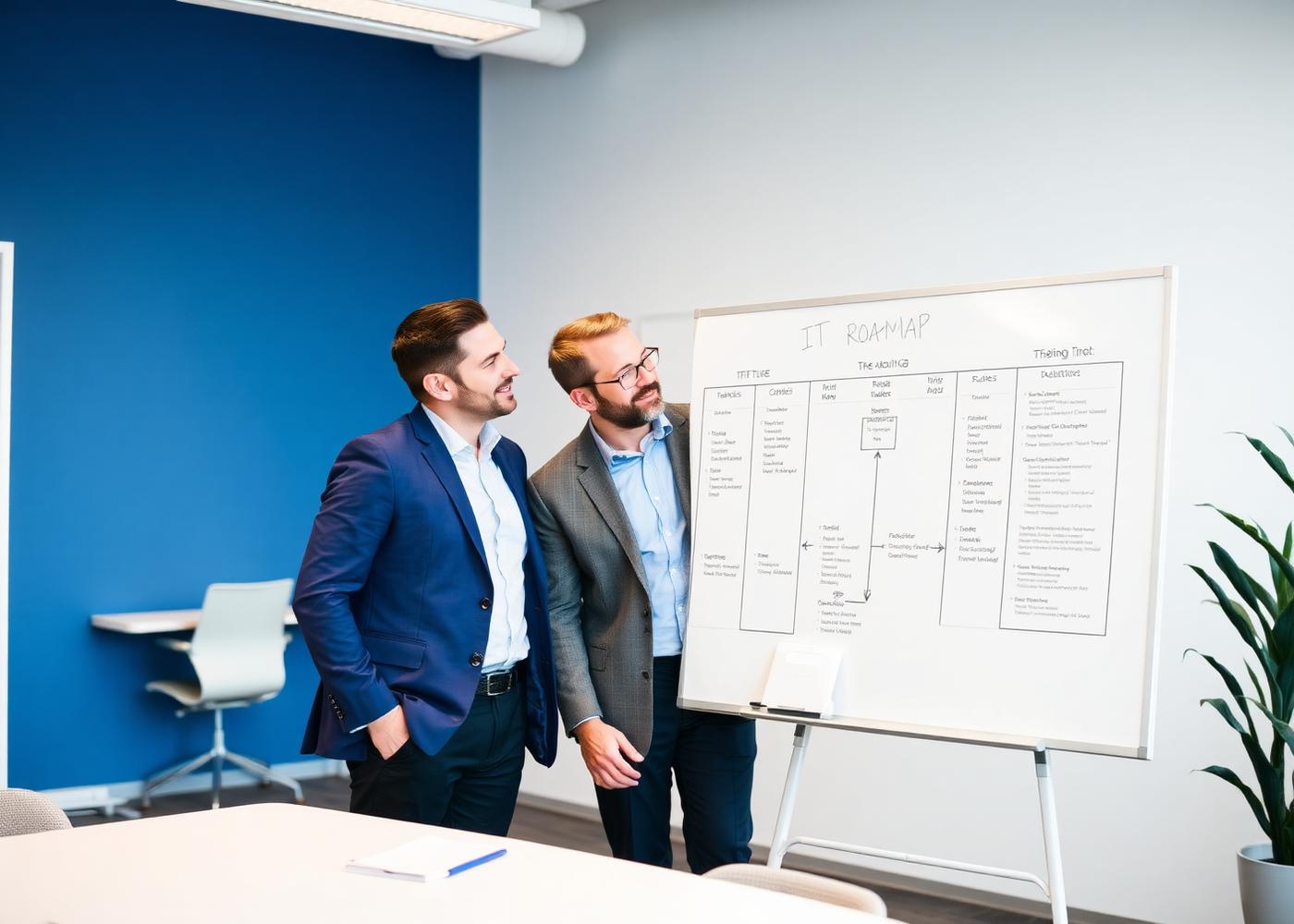 Consultants reviewing an IT roadmap on a whiteboard